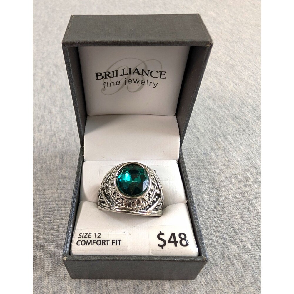 Brilliance Fine Jewelry Size 12 Comfort Fit Silver-Tone Ring Green Stone US Army